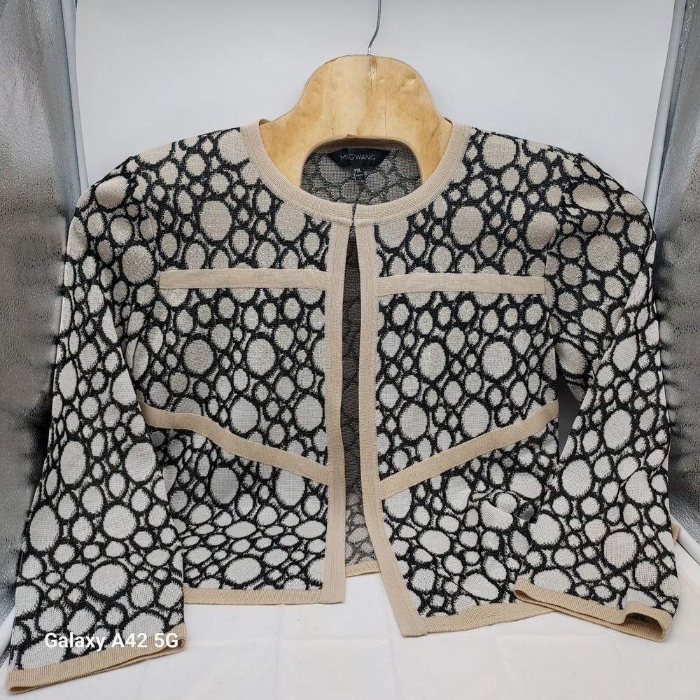 Ming Wang Knit Jacket Womens PXL Black Beige Circle Pattern Open Front Cardigan